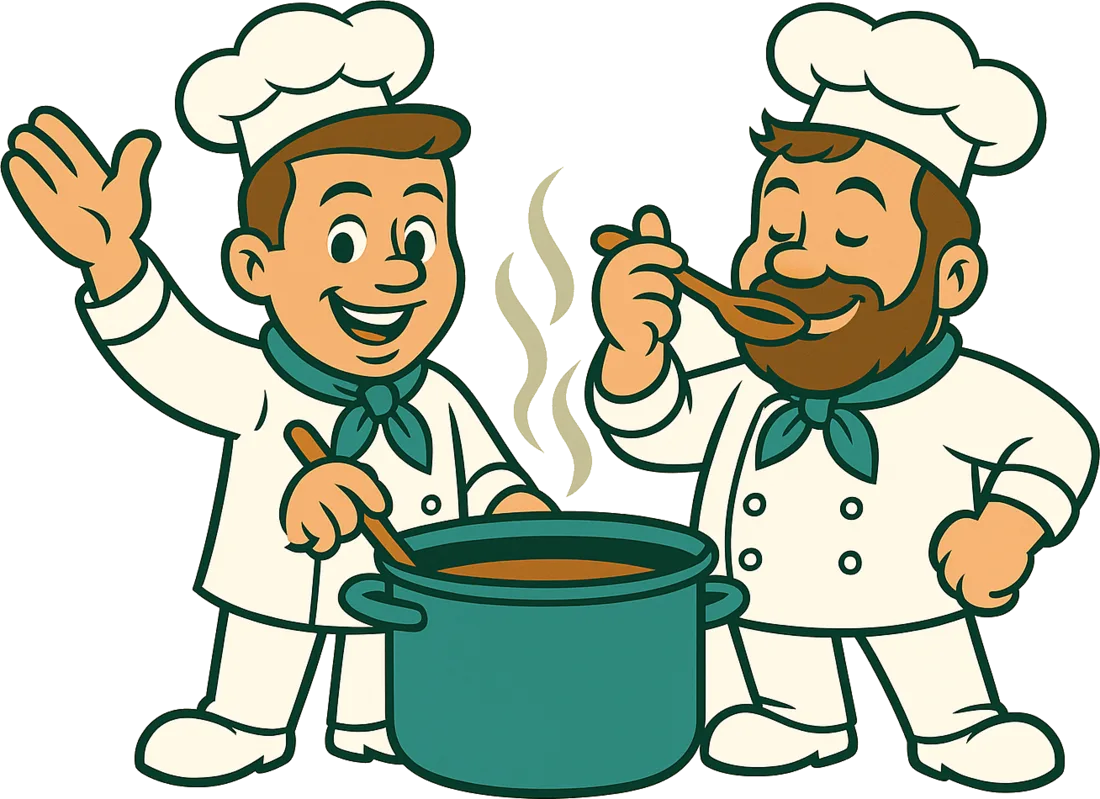 Alex und Peter, unsere beiden Köche, als Zeichentrick-Duo im Vossy-Stil — einer rührt im dampfenden Topf, einer schmeckt mit dem Holzlöffel ab